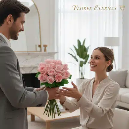 Hombre joven entregando un ramo de rosas rosas a una mujer sonriente sentada en una sala de estar elegante y luminosa