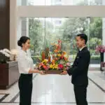 Mujer y recepcionista de hotel sostienen juntos una bandeja grande con flores tropicales y frutas en el lobby luminoso de un edificio