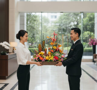 Mujer y recepcionista de hotel sostienen juntos una bandeja grande con flores tropicales y frutas en el lobby luminoso de un edificio