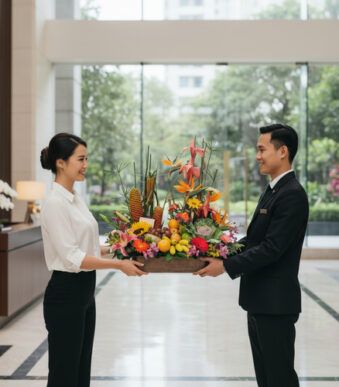 Mujer y recepcionista de hotel sostienen juntos una bandeja grande con flores tropicales y frutas en el lobby luminoso de un edificio