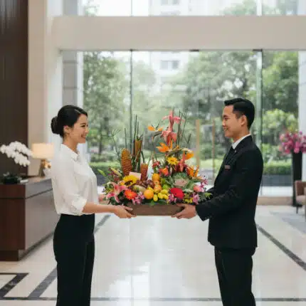 Mujer y recepcionista de hotel sostienen juntos una bandeja grande con flores tropicales y frutas en el lobby luminoso de un edificio