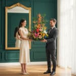 Hombre con traje oscuro y mujer con vestido crema sostienen juntos un arreglo floral tropical de colores vivos en una sala de paredes verde oscuro con gran espejo dorado