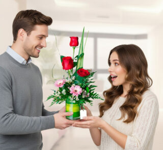 Hombre joven con suéter gris entrega un arreglo floral con rosas rojas y margaritas rosadas a una mujer sorprendida de cabello largo castaño en una sala luminosa