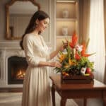 Mujer joven con vestido crema organizando un arreglo de flores tropicales y frutas frescas en una caja de madera sobre una mesa en una sala clásica con chimenea encendida al fondo