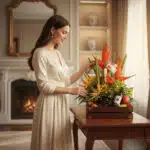 Mujer joven con vestido crema organizando un arreglo de flores tropicales y frutas frescas en una caja de madera sobre una mesa en una sala clásica con chimenea encendida al fondo