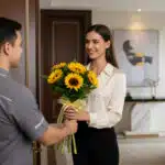 Mujer joven recibiendo un ramo de girasoles de un repartidor en la entrada de su casa