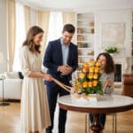 Tres personas alrededor de una mesa redonda admirando un arreglo de rosas amarillas y naranjas con lazos dorados en una sala de estar luminosa y elegante