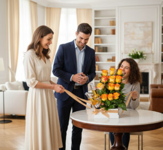 Tres personas alrededor de una mesa redonda admirando un arreglo de rosas amarillas y naranjas con lazos dorados en una sala de estar luminosa y elegante