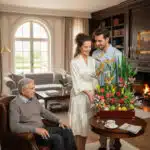 Pareja joven mostrando un gran arreglo floral con frutas a un hombre mayor sentado en una sala de estar luminosa con chimenea