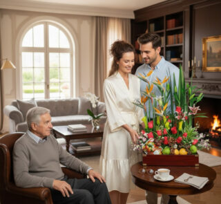 Pareja joven mostrando un gran arreglo floral con frutas a un hombre mayor sentado en una sala de estar luminosa con chimenea