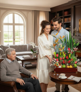 Pareja joven mostrando un gran arreglo floral con frutas a un hombre mayor sentado en una sala de estar luminosa con chimenea