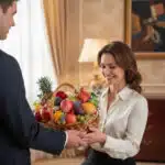 Mujer sonriente recibe de un hombre una canasta de mimbre llena de frutas variadas en una sala elegante