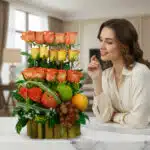 Mujer joven sonriente observa un arreglo floral con rosas naranjas y amarillas combinado con manzana, naranja y uvas sobre una mesa de mármol en sala moderna