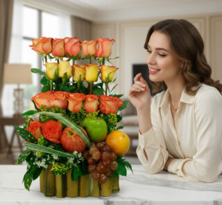 Mujer joven sonriente observa un arreglo floral con rosas naranjas y amarillas combinado con manzana, naranja y uvas sobre una mesa de mármol en sala moderna