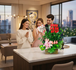 Hombre y mujer entregan a una amiga un arreglo floral con rosas rojas, globos y lirios sobre una isla de cocina en un departamento moderno con vista a la ciudad