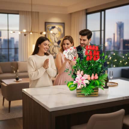 Hombre y mujer entregan a una amiga un arreglo floral con rosas rojas, globos y lirios sobre una isla de cocina en un departamento moderno con vista a la ciudad