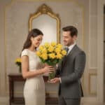 Hombre con traje gris entrega a mujer con vestido beige un gran ramo de rosas amarillas en un salón elegante con espejo dorado al fondo