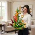 Mujer joven sostiene un arreglo floral tropical con flores naranjas, verdes y rojas en una sala de estar luminosa y moderna