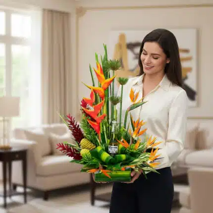 Mujer joven sostiene un arreglo floral tropical con flores naranjas, verdes y rojas en una sala de estar luminosa y moderna