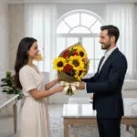 Hombre con traje azul entrega un ramo de girasoles y rosas rojas a una mujer con vestido beige en una sala de estar luminosa