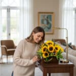 Mujer joven con suéter beige inclinada sobre un arreglo de girasoles amarillos en una mesa de madera dentro de una sala de estar luminosa