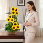 Mujer con traje beige observando un arreglo vertical de girasoles amarillos sobre una mesa en una sala luminosa