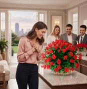 Mujer joven sonriente observa un gran arreglo de rosas rojas en una canasta sobre una mesa, con tres compañeros de trabajo al fondo en una oficina luminosa con ventanales