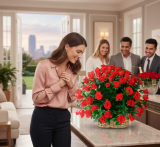 Mujer joven sonriente observa un gran arreglo de rosas rojas en una canasta sobre una mesa, con tres compañeros de trabajo al fondo en una oficina luminosa con ventanales