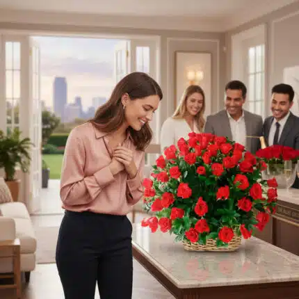 Mujer joven sonriente observa un gran arreglo de rosas rojas en una canasta sobre una mesa, con tres compañeros de trabajo al fondo en una oficina luminosa con ventanales