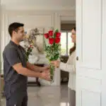 Repartidor sonriente entrega a una mujer un ramo de rosas rojas en un jarrón de cristal en la puerta de su casa