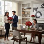 Hombre y mujer de pie intercambiando un ramo de rosas rojas mientras otra mujer está sentada en un escritorio en una oficina elegante y luminosa