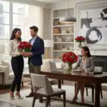 Hombre y mujer de pie intercambiando un ramo de rosas rojas mientras otra mujer está sentada en un escritorio en una oficina elegante y luminosa