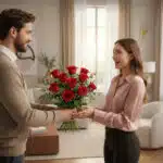 Hombre joven entrega un ramo de rosas rojas a una mujer sonriente en una sala de estar luminosa y moderna