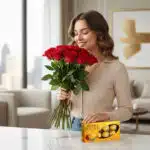 Mujer joven sonriente sostiene un ramo de rosas rojas junto a una caja de bombones sobre una encimera blanca en un interior moderno