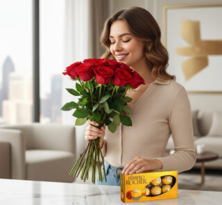 Mujer joven sonriente sostiene un ramo de rosas rojas junto a una caja de bombones sobre una encimera blanca en un interior moderno