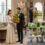 Collage de tres escenas con parejas bien vestidas sosteniendo y admirando un ramo de girasoles en un salón lujoso y un jardín clásico
