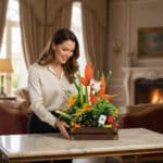 Mujer sonriendo mientras organiza una caja de madera con frutas frescas y flores exóticas sobre una mesa de mármol en una sala elegante