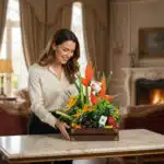 Mujer sonriendo mientras organiza una caja de madera con frutas frescas y flores exóticas sobre una mesa de mármol en una sala elegante