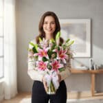 Mujer joven sonriendo y sosteniendo un ramo de lirios rosas y blancos en un jarrón de cristal dentro de una sala de estar moderna