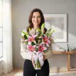 Mujer joven sonriendo y sosteniendo un ramo de lirios rosas y blancos en un jarrón de cristal dentro de una sala de estar moderna