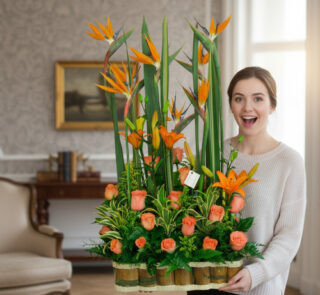 Mujer joven sosteniendo un gran arreglo floral con rosas naranjas y flores aves del paraíso en una sala elegante