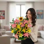 Mujer joven sonriente sostiene un gran arreglo de flores con lirios rosados y amarillos y girasoles en una sala de estar luminosa
