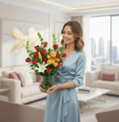 Mujer joven con vestido azul sosteniendo un ramo de rosas rojas, lirios blancos y peluche en un florero de vidrio dentro de una sala de estar moderna y luminosa