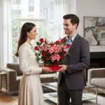 Hombre con traje gris entrega a una mujer con vestido crema un arreglo de rosas rojas y lirios rosados en una sala de estar moderna