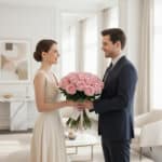 Hombre con traje azul marino entrega a mujer con vestido beige un gran ramo de rosas rosadas en un salón luminoso y moderno