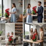 Collage de cuatro escenas donde varias personas entregan y reciben arreglos de rosas rojas en interiores modernos