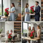 Collage de cuatro escenas donde varias personas entregan y reciben arreglos de rosas rojas en interiores modernos
