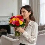 Mujer de cabello castaño con blusa beige sosteniendo y oliendo un ramo de rosas rojas, rosas, naranjas y amarillas en un jarrón de cristal dentro de una sala de estar luminosa