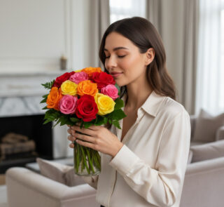Mujer de cabello castaño con blusa beige sosteniendo y oliendo un ramo de rosas rojas, rosas, naranjas y amarillas en un jarrón de cristal dentro de una sala de estar luminosa