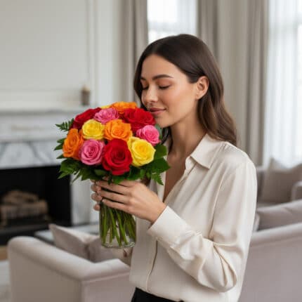 Mujer de cabello castaño con blusa beige sosteniendo y oliendo un ramo de rosas rojas, rosas, naranjas y amarillas en un jarrón de cristal dentro de una sala de estar luminosa